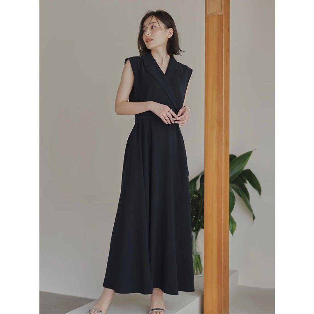 anuans ダブルサテンテーラードフレアワンピース ネイビー Sサイズ