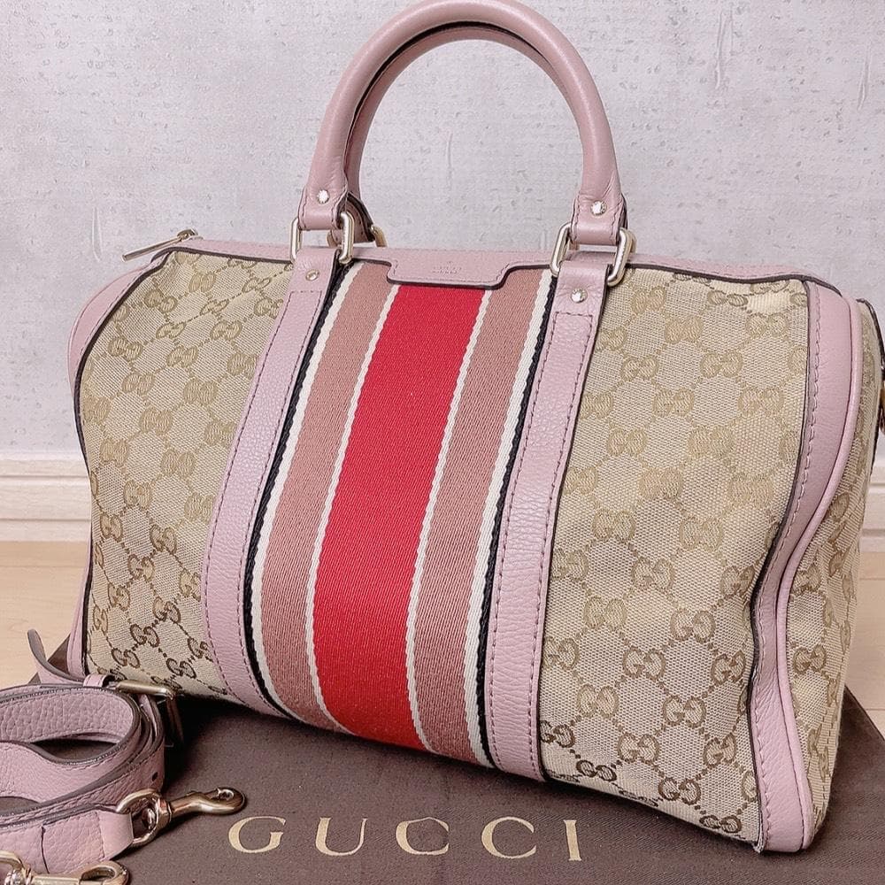 GUCCI GGキャンバス シェリーライン ピンク ボストン 2way ハンド