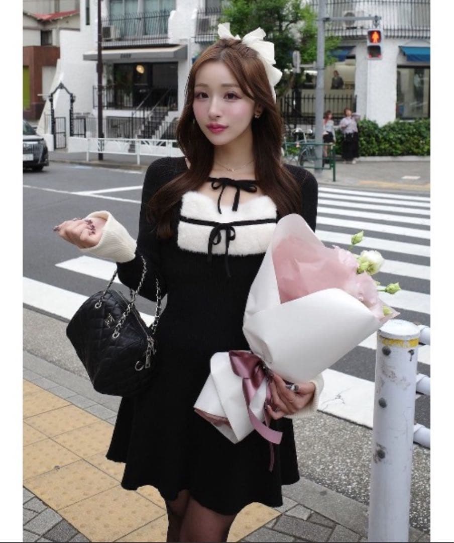 Darich リボンファーフレアニットミニワンピース