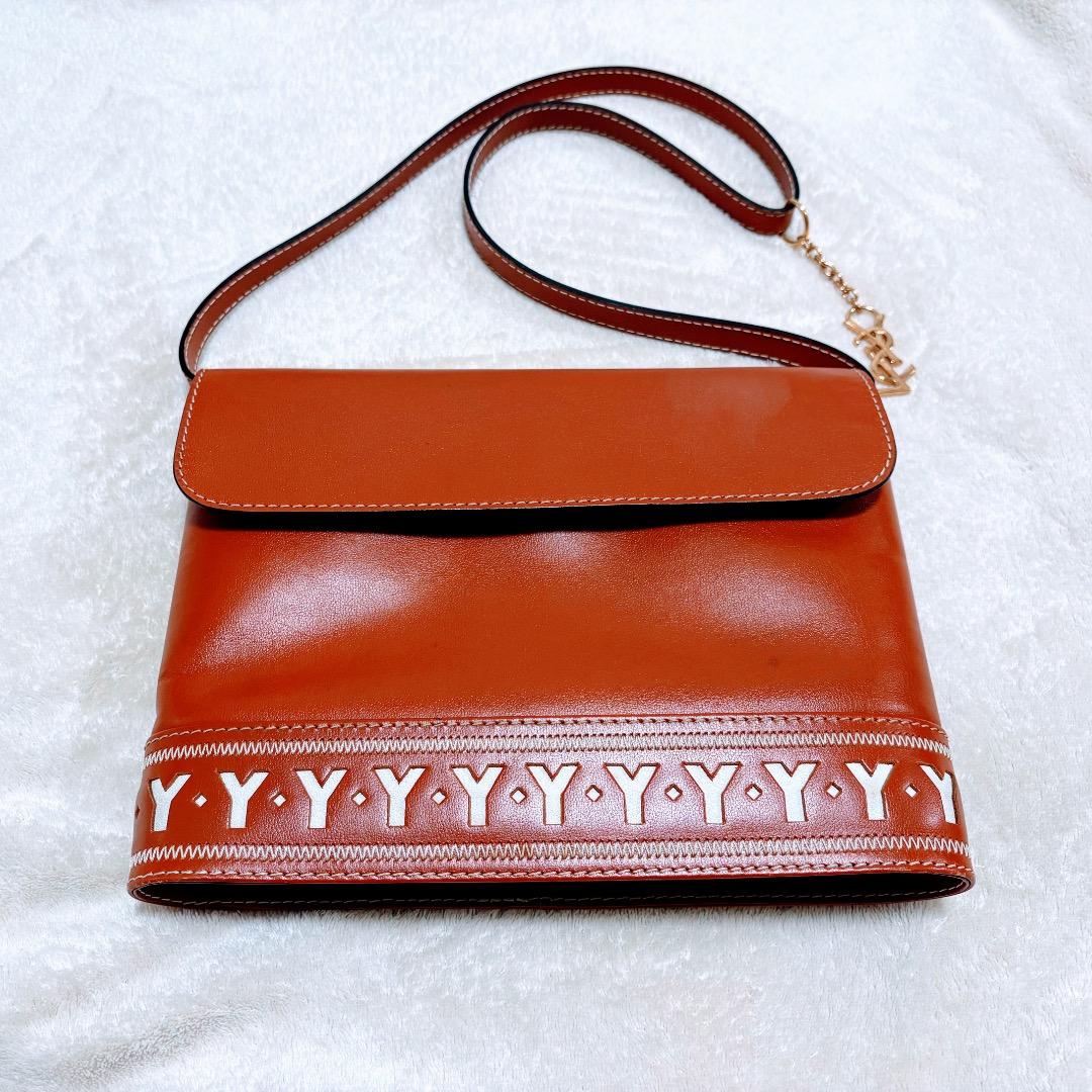 正規品 YSL イヴサンローラン ブラウン レザー ショルダーバッグ ビンテージ