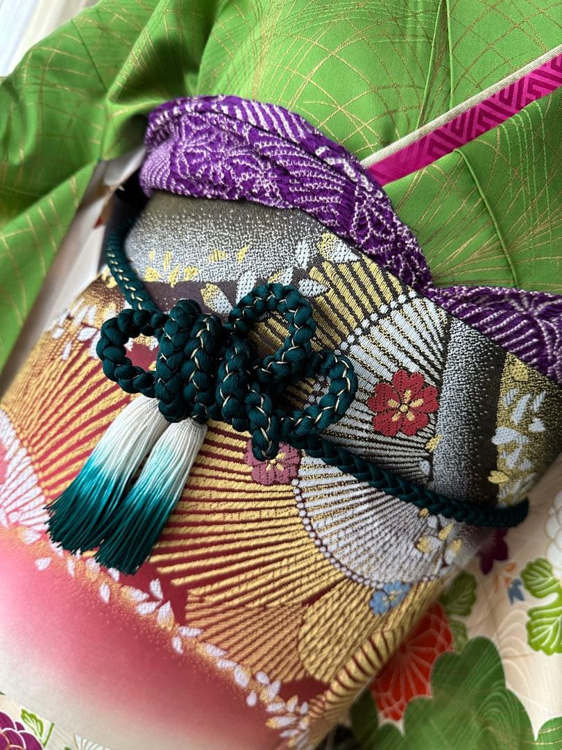 ここさぶた 振袖と長襦袢2点セット グリーン×カスタードクリーム 古典柄