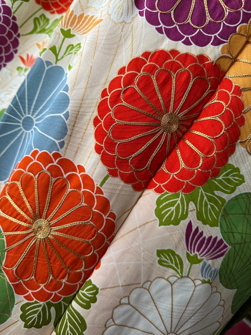 ここさぶた 振袖と長襦袢2点セット グリーン×カスタードクリーム 古典柄