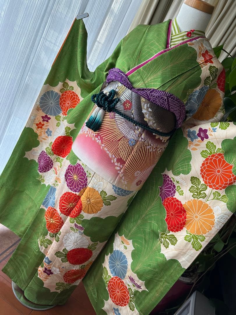 ここさぶた 振袖と長襦袢2点セット グリーン×カスタードクリーム 古典柄