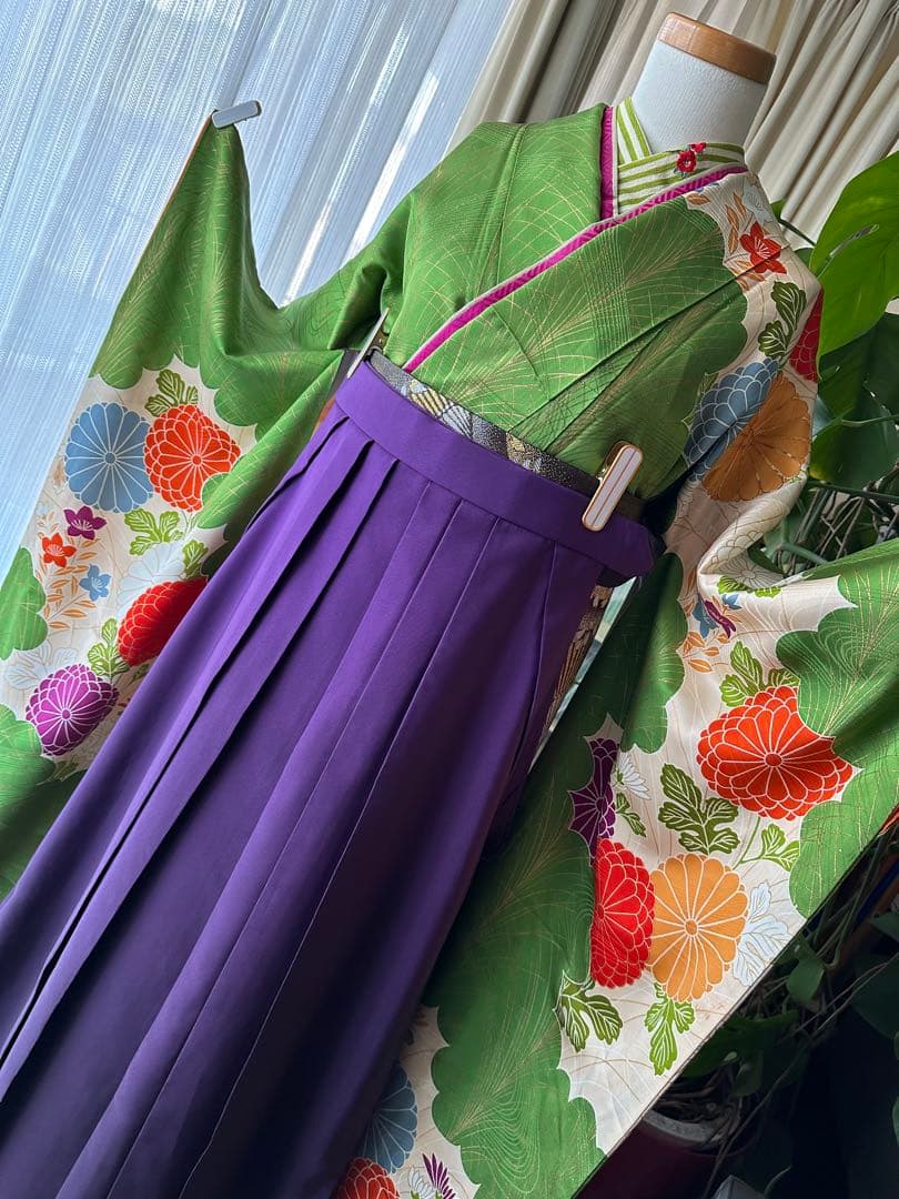 ここさぶた 振袖と長襦袢2点セット グリーン×カスタードクリーム 古典柄