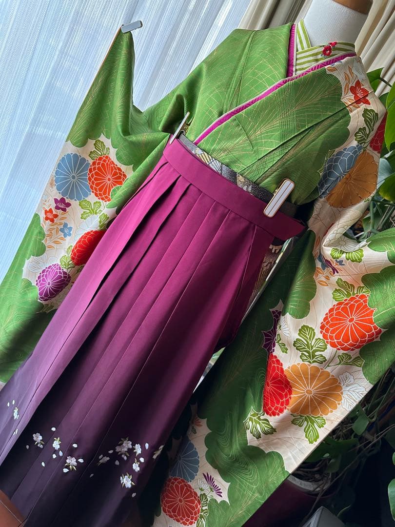 ここさぶた 振袖と長襦袢2点セット グリーン×カスタードクリーム 古典柄