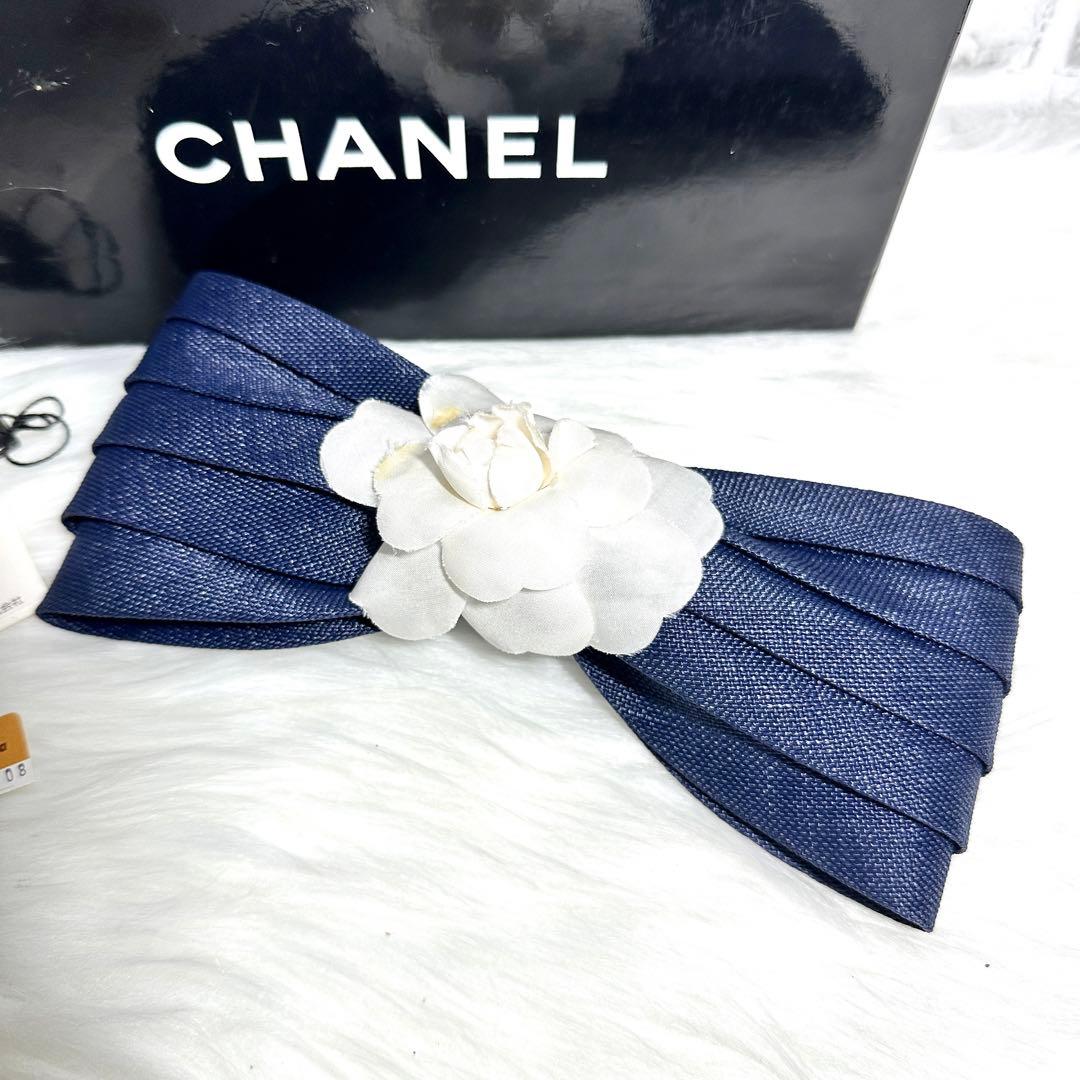 シャネル カメリア リボン バレッタ ヘアアクセサリー ネイビー ホワイト 箱