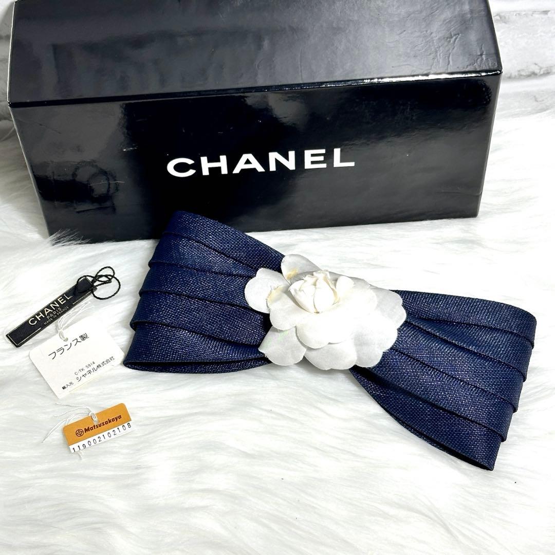 シャネル カメリア リボン バレッタ ヘアアクセサリー ネイビー ホワイト 箱