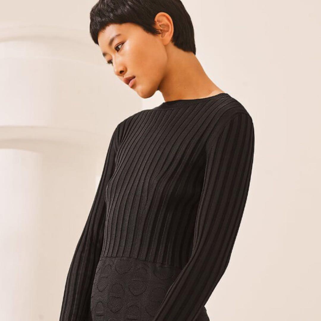 極美品　HERMES シェーヌダンクル　ワンピース　リブ　フレア　シルク　黒