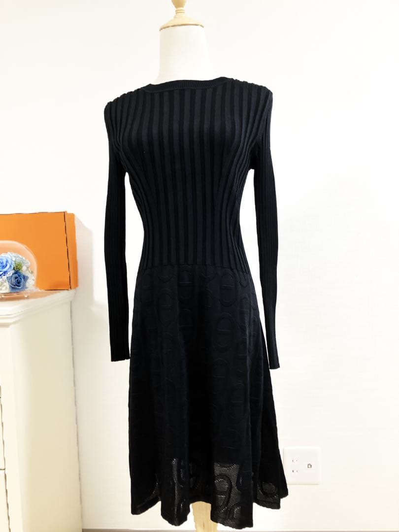 極美品　HERMES シェーヌダンクル　ワンピース　リブ　フレア　シルク　黒