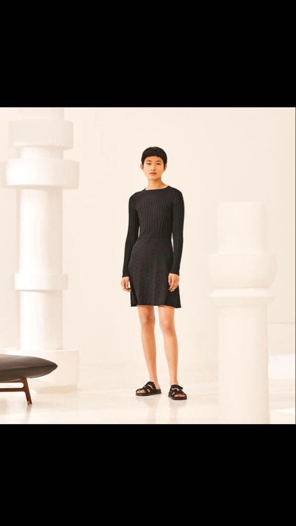 極美品　HERMES シェーヌダンクル　ワンピース　リブ　フレア　シルク　黒