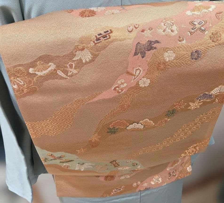 作家物訪問着4点フルセット、着物、袋帯、帯締め、帯揚げ