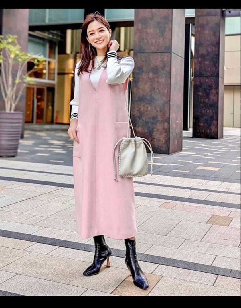 美品 ボーダーズアットバルコニー ウールヘリンボーンドレス ピンク 36