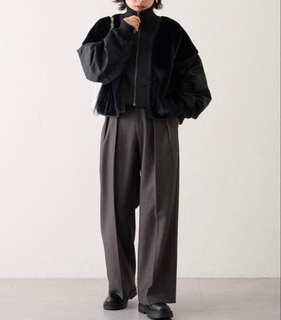 【etsinta】ファー切替ショートスタンドジャケット