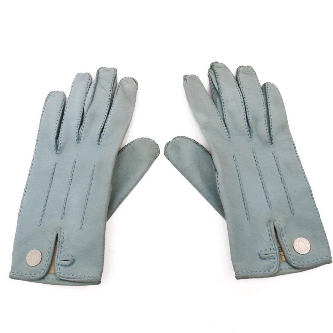 HERMES エルメス レザー手袋 水色 7.5サイズ レディースM-L　361