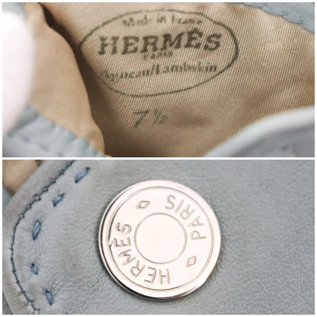HERMES エルメス レザー手袋 水色 7.5サイズ レディースM-L　361