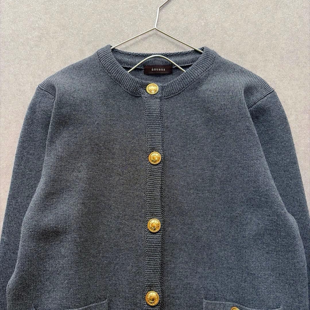 アニュアンス♡オリジナルボタンノーカラーニットジャケット グレー フリーサイズ