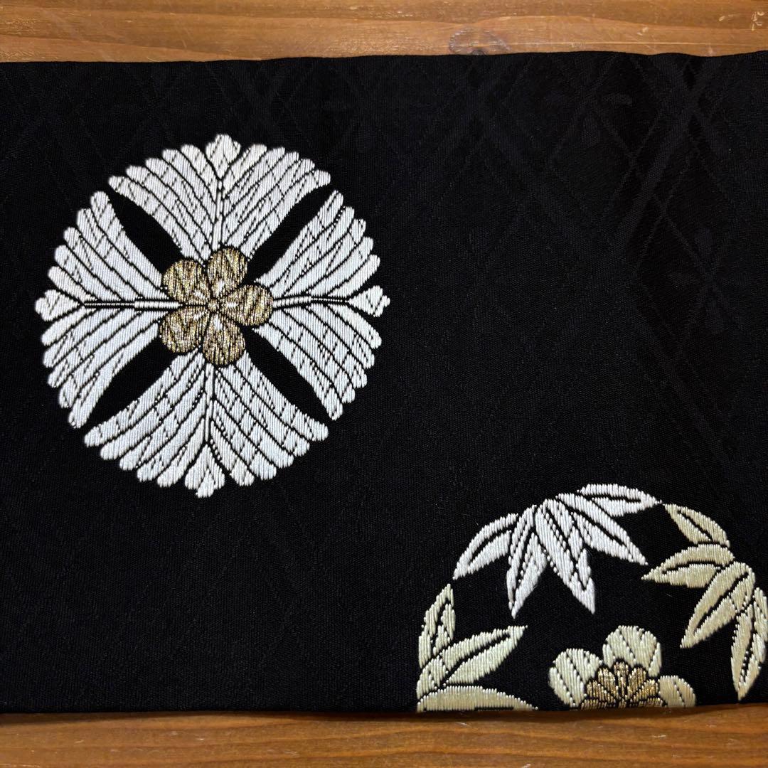 【美品】名古屋帯　九寸名古屋帯　黒地に丸紋　松竹梅　　カジュアル着物　o1580