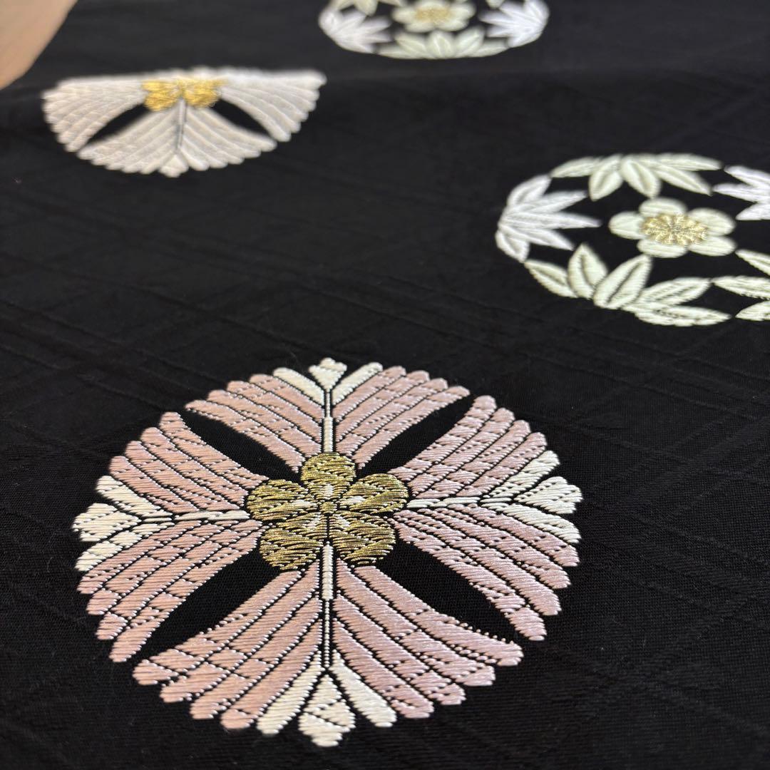 【美品】名古屋帯　九寸名古屋帯　黒地に丸紋　松竹梅　　カジュアル着物　o1580