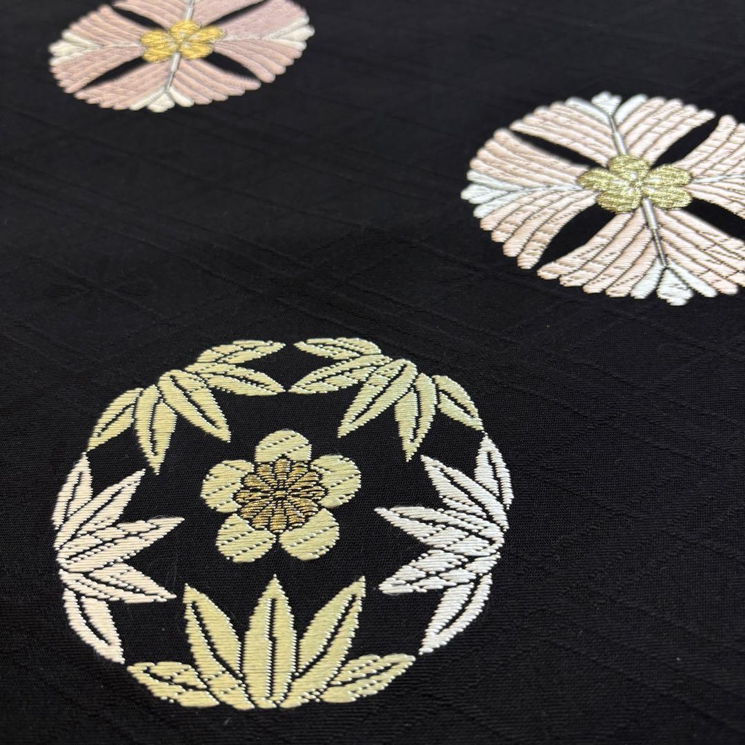 【美品】名古屋帯　九寸名古屋帯　黒地に丸紋　松竹梅　　カジュアル着物　o1580