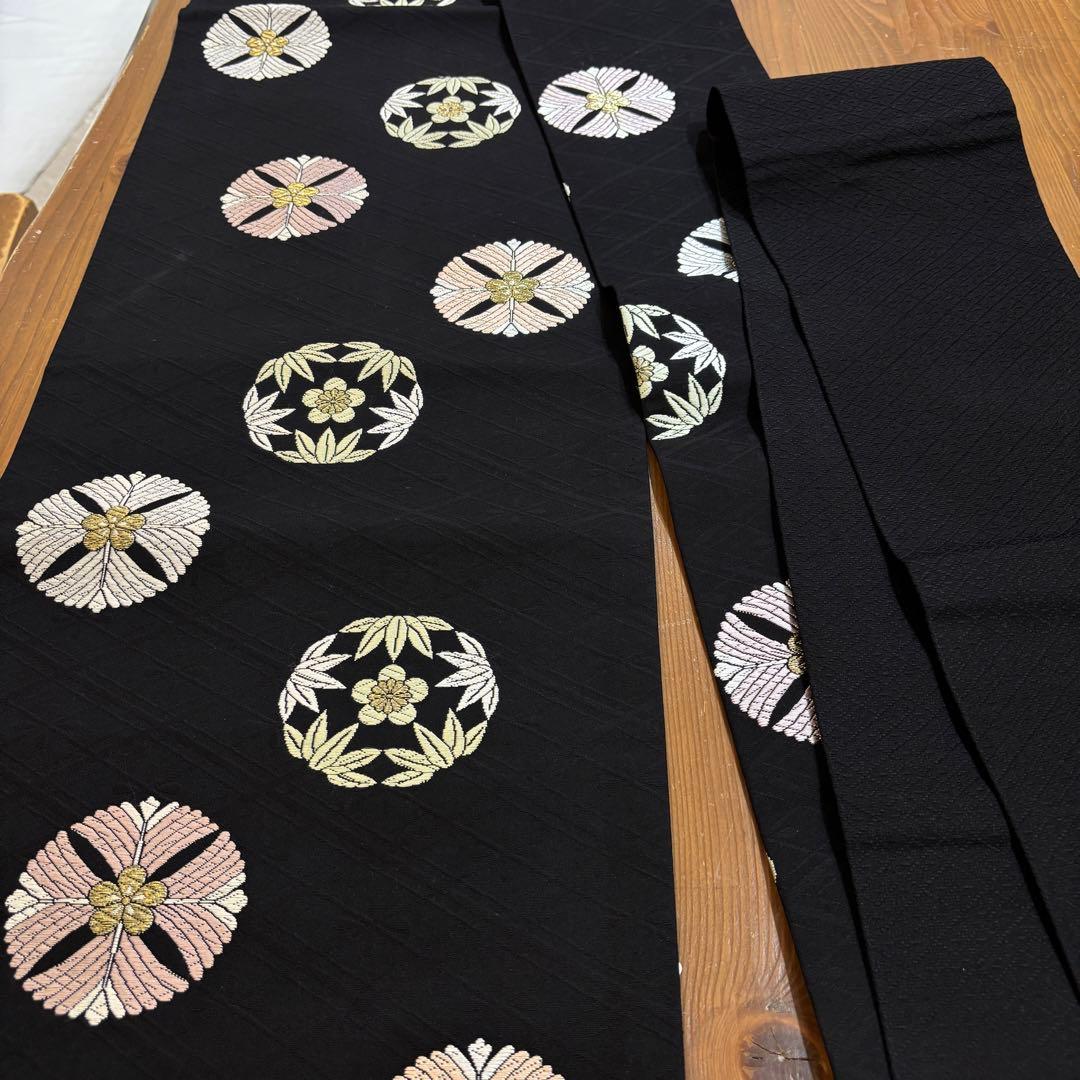 【美品】名古屋帯　九寸名古屋帯　黒地に丸紋　松竹梅　　カジュアル着物　o1580