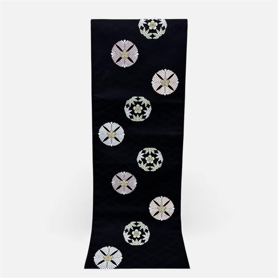 【美品】名古屋帯　九寸名古屋帯　黒地に丸紋　松竹梅　　カジュアル着物　o1580