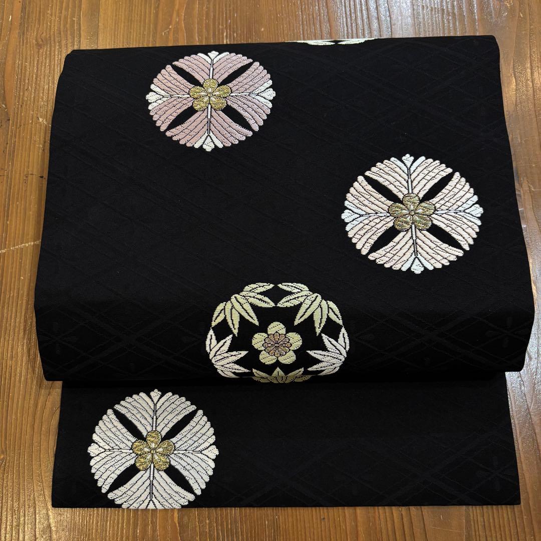 【美品】名古屋帯　九寸名古屋帯　黒地に丸紋　松竹梅　　カジュアル着物　o1580