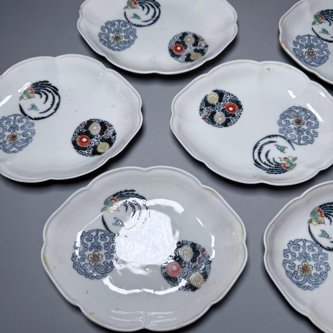 大正〜昭和初期　十二代柿右衛門　錦　丸文様　鳳凰文　変形皿　角福　十枚　希少な器