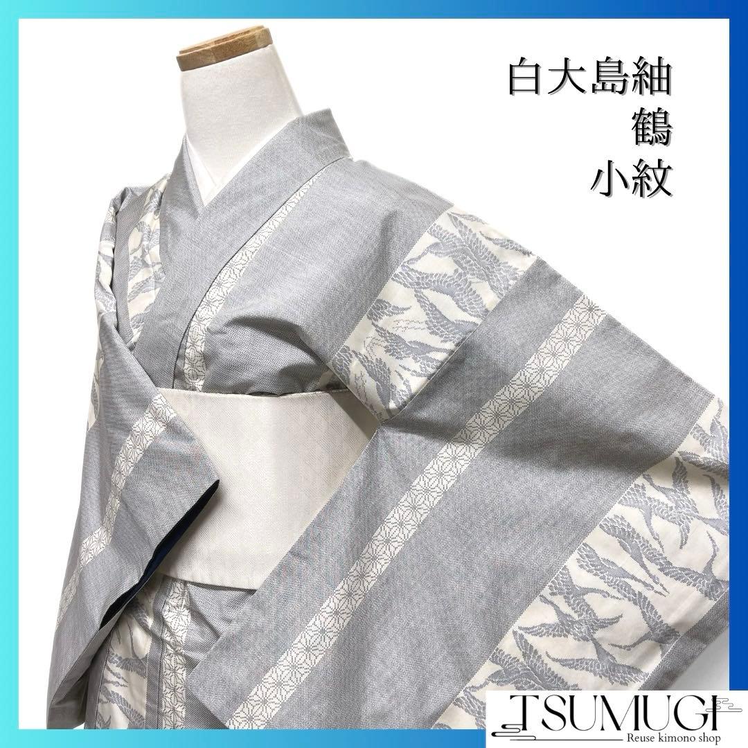 小紋　白大島紬　鶴　縦縞　蜀江紋　ブルー　着物　071a d