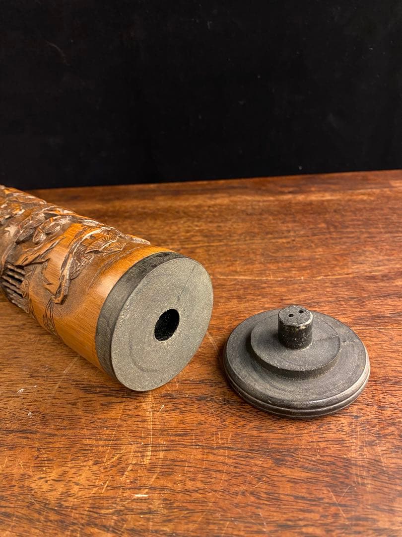 ダ*吉様 香筒　竹製透かし彫刻　中国古美術　香立