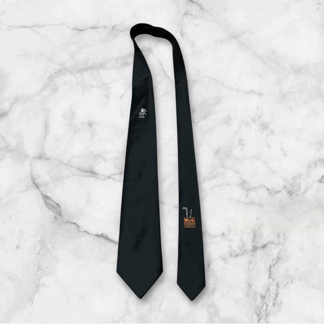 【箱付き】HERMES エルメス　ネクタイ　黒　刺繍　ホース　馬
