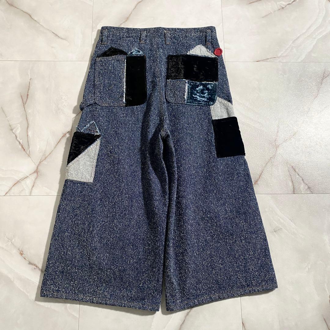 A18522 極美品 シンヤコヅカ パッチワークツイードデニムワイドパンツ L