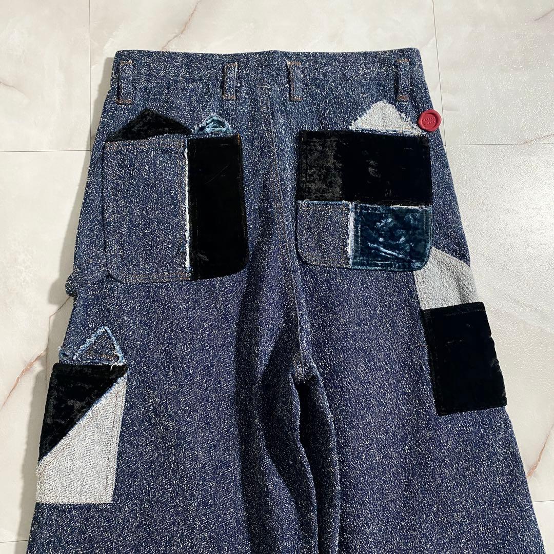A18522 極美品 シンヤコヅカ パッチワークツイードデニムワイドパンツ L