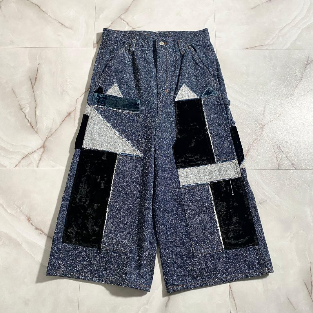 A18522 極美品 シンヤコヅカ パッチワークツイードデニムワイドパンツ L