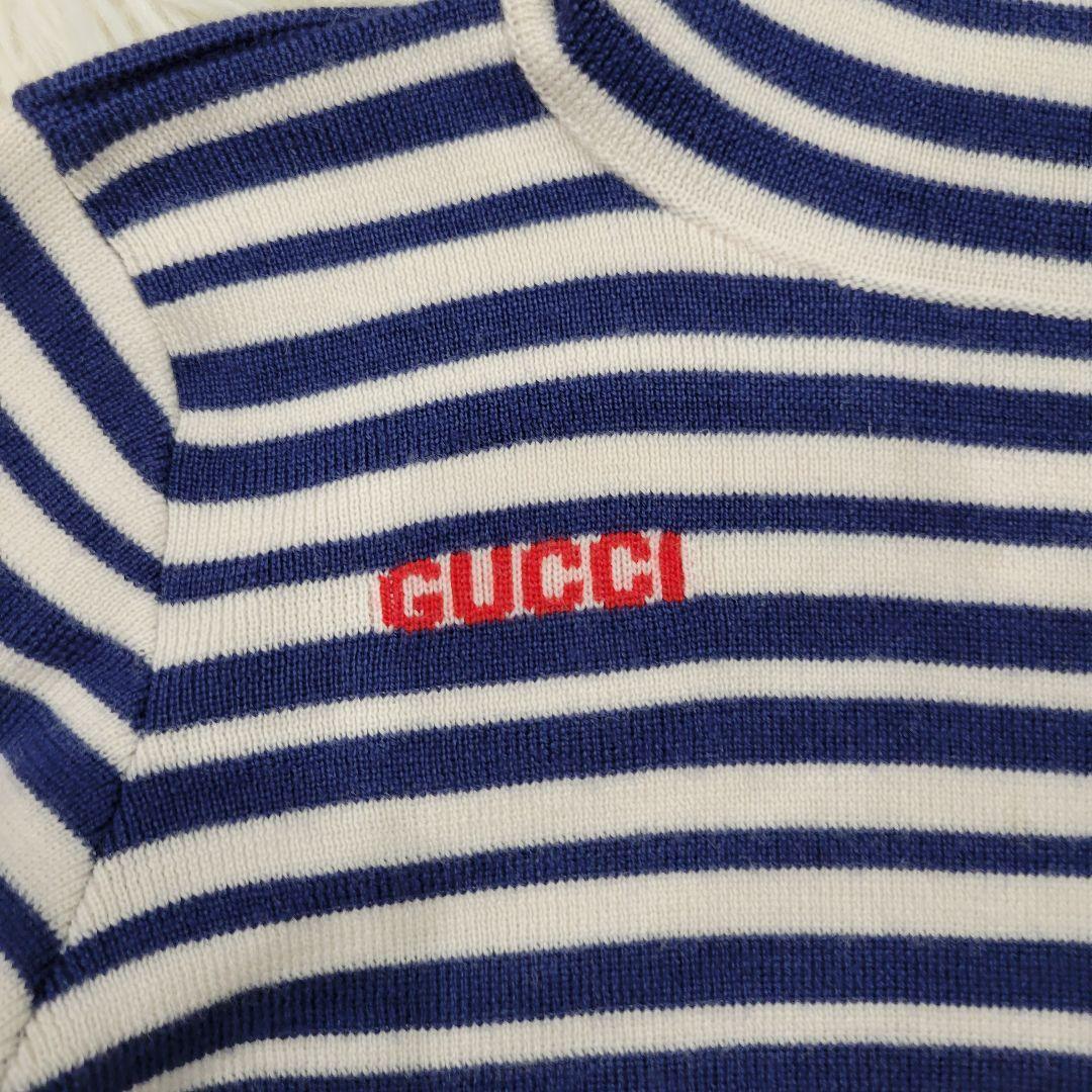 GUCCI　グッチ　ボーダー　ロゴ　ネイビー　ハイネック　ニット　ロングTシャツ