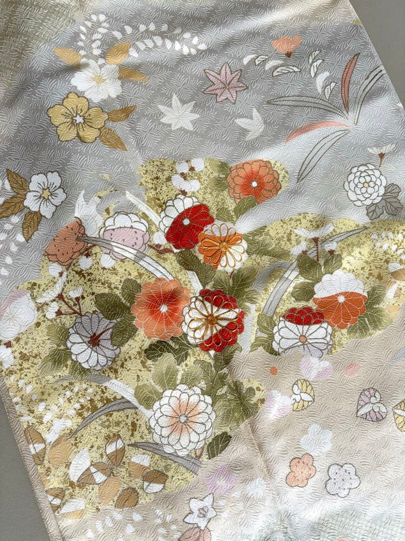 正絹 四季古典柄 友禅染 袷 訪問着 淡オレンジベージュ(和色:肌色) 未使用