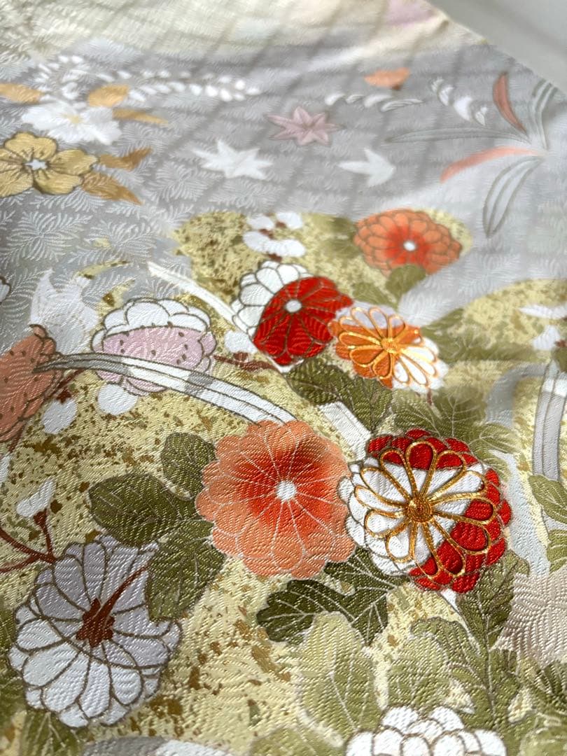 正絹 四季古典柄 友禅染 袷 訪問着 淡オレンジベージュ(和色:肌色) 未使用