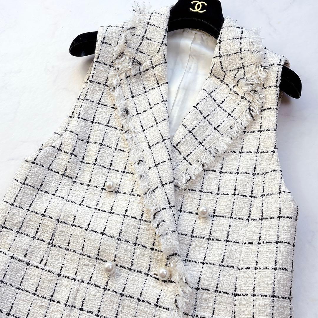 【ANAYI】定価6.4万　チェックツィードフリンジジレ　ベスト　パールボタン