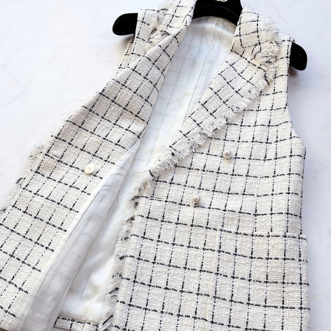 【ANAYI】定価6.4万　チェックツィードフリンジジレ　ベスト　パールボタン
