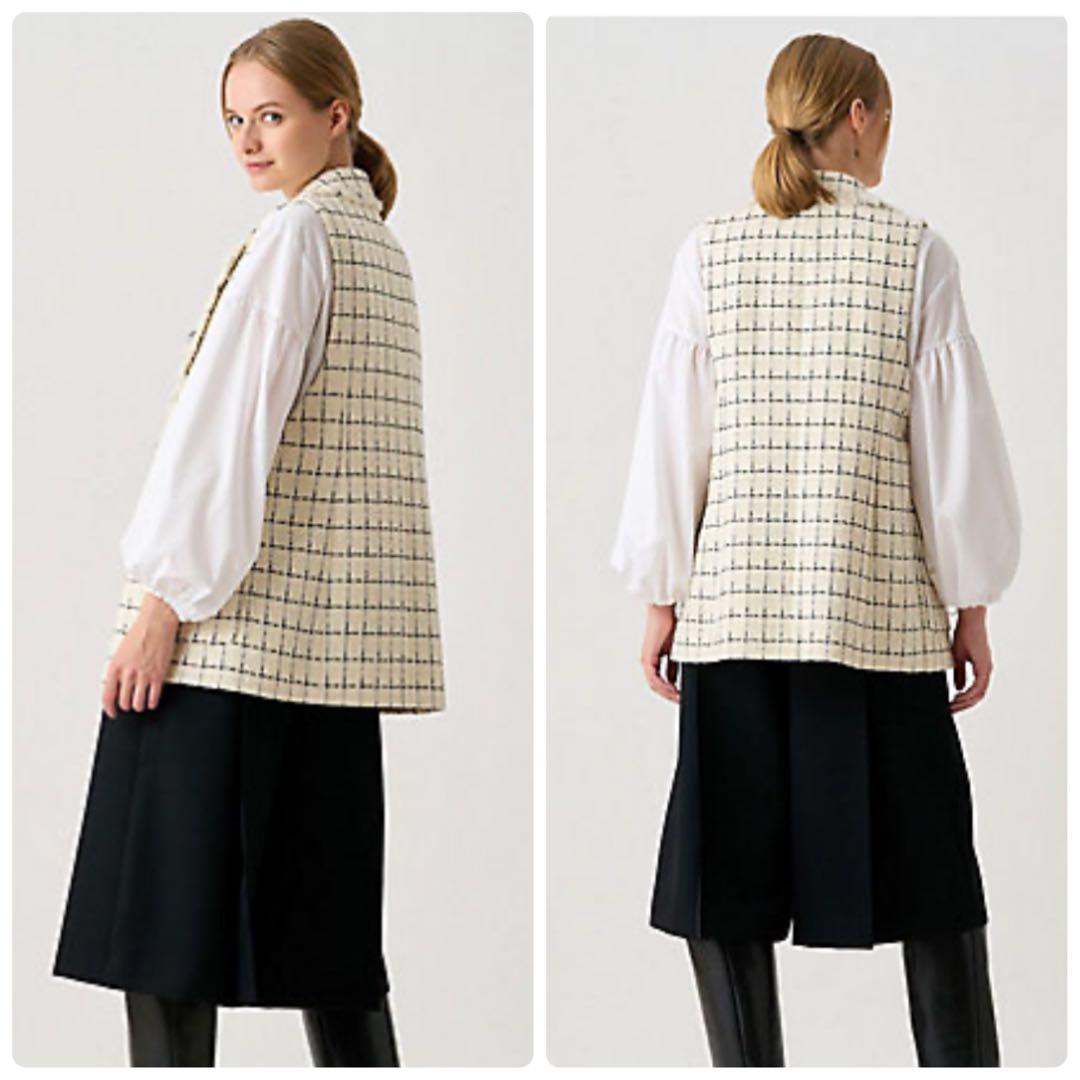【ANAYI】定価6.4万　チェックツィードフリンジジレ　ベスト　パールボタン