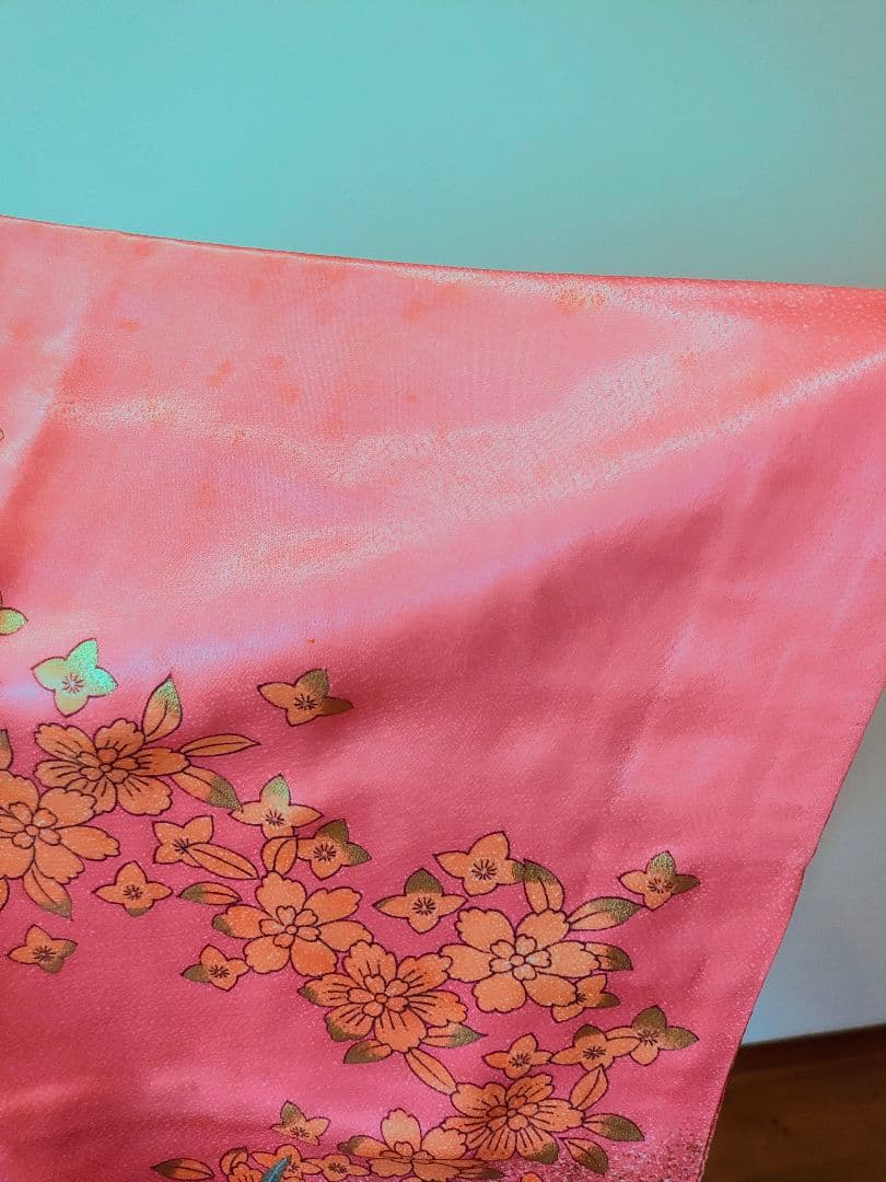 ピンク花柄着物 緑帯 赤帯付き