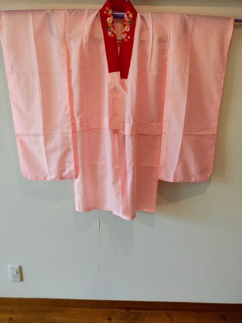 ピンク花柄着物 緑帯 赤帯付き