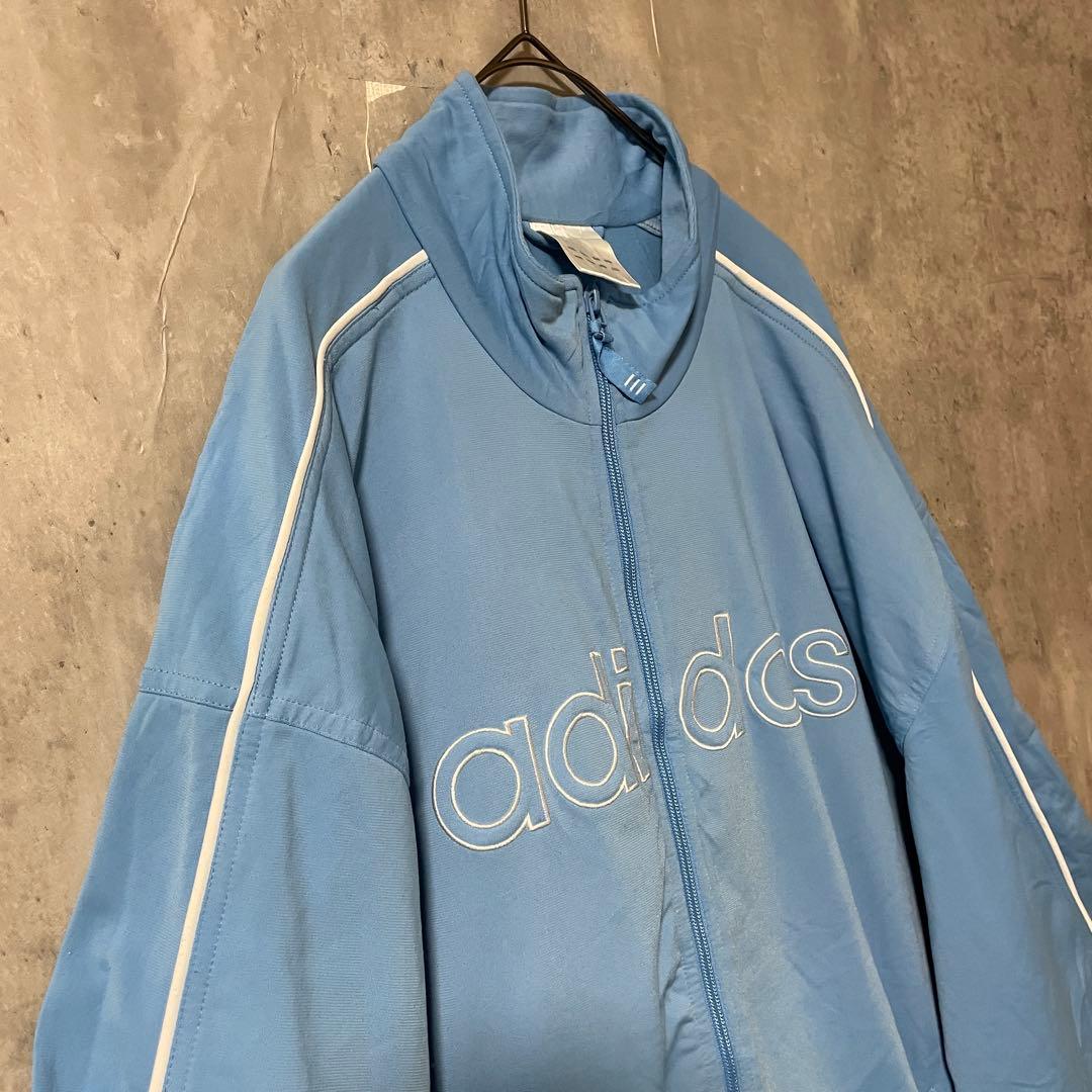 adidasアディダストラックジャケットジャージブルゾン水色青ブルー白刺繍ロゴ