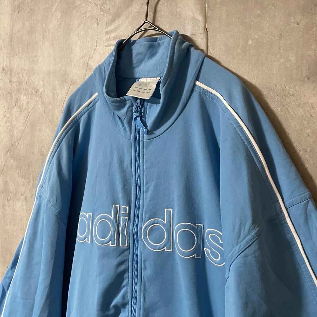 adidasアディダストラックジャケットジャージブルゾン水色青ブルー白刺繍ロゴ