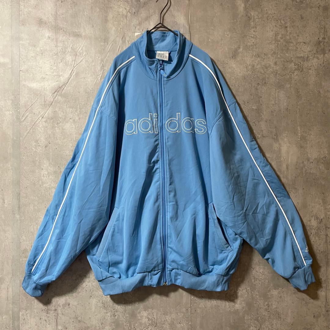 adidasアディダストラックジャケットジャージブルゾン水色青ブルー白刺繍ロゴ