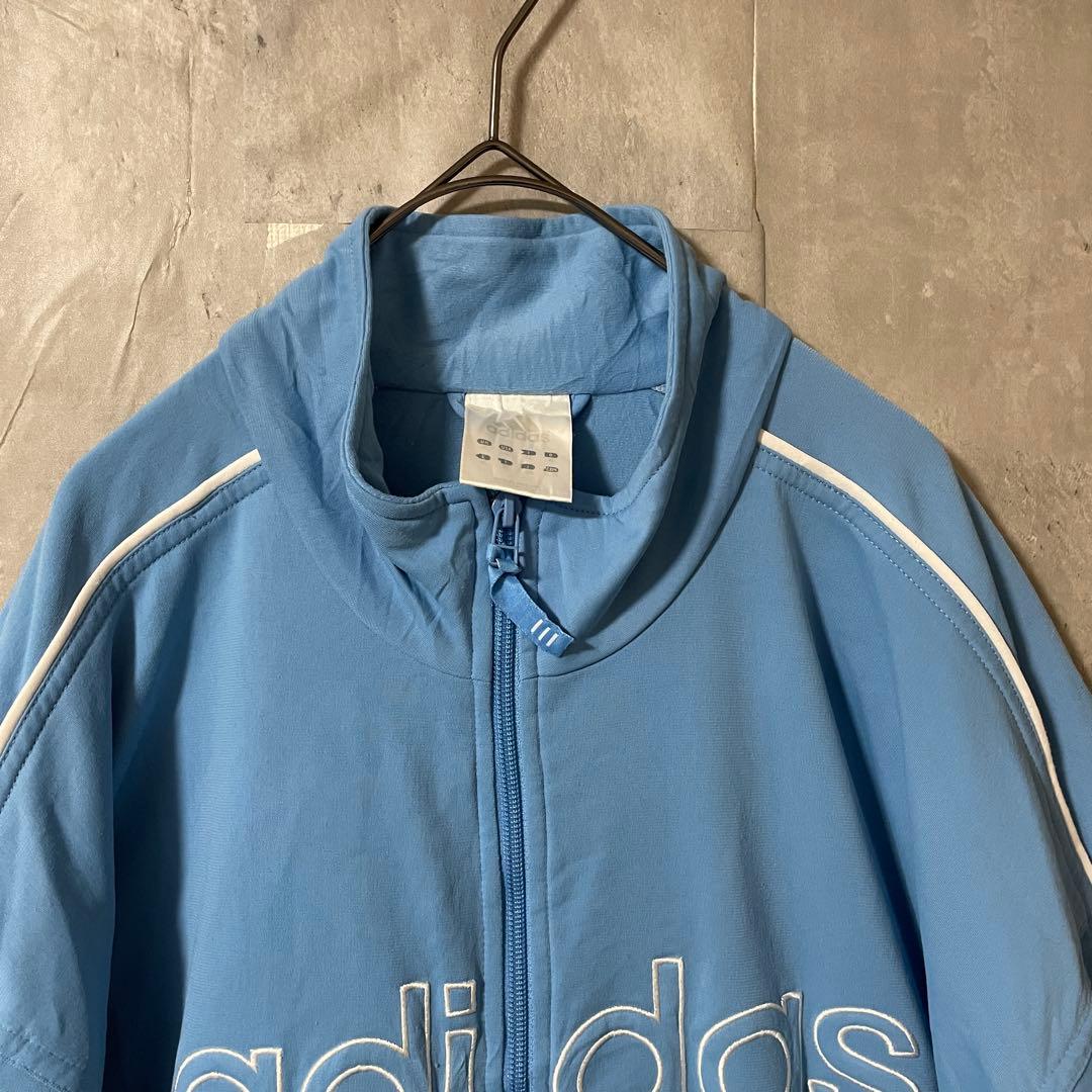 adidasアディダストラックジャケットジャージブルゾン水色青ブルー白刺繍ロゴ