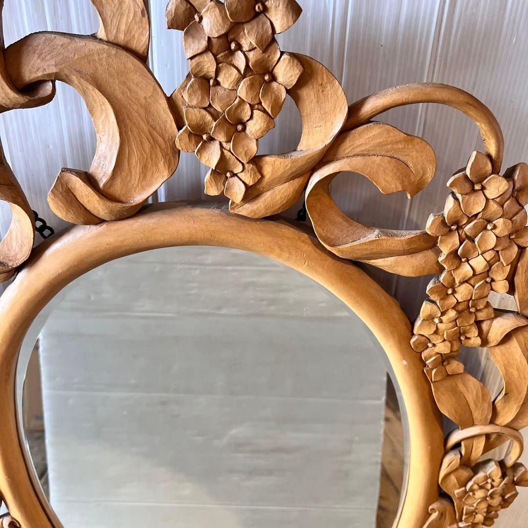 アンティーク　木彫り　掛鏡 花柄　インテリア　レトロ　大きいサイズ　壁掛け