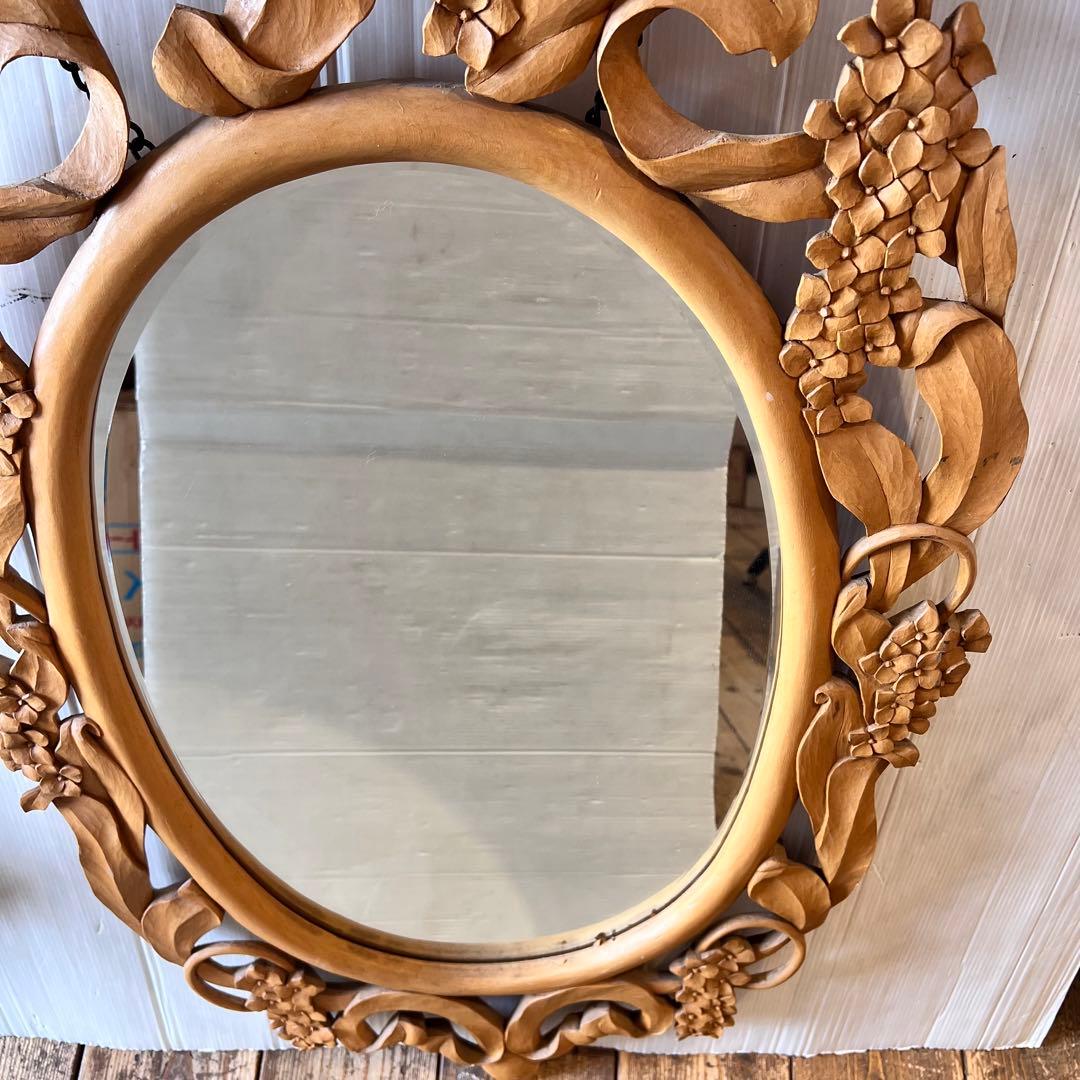 アンティーク　木彫り　掛鏡 花柄　インテリア　レトロ　大きいサイズ　壁掛け