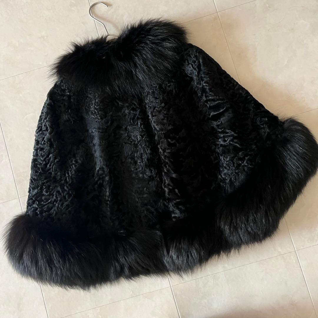 極美品✨フォックスファー× アストラカン　ブラック ケープコート　マントポンチョ