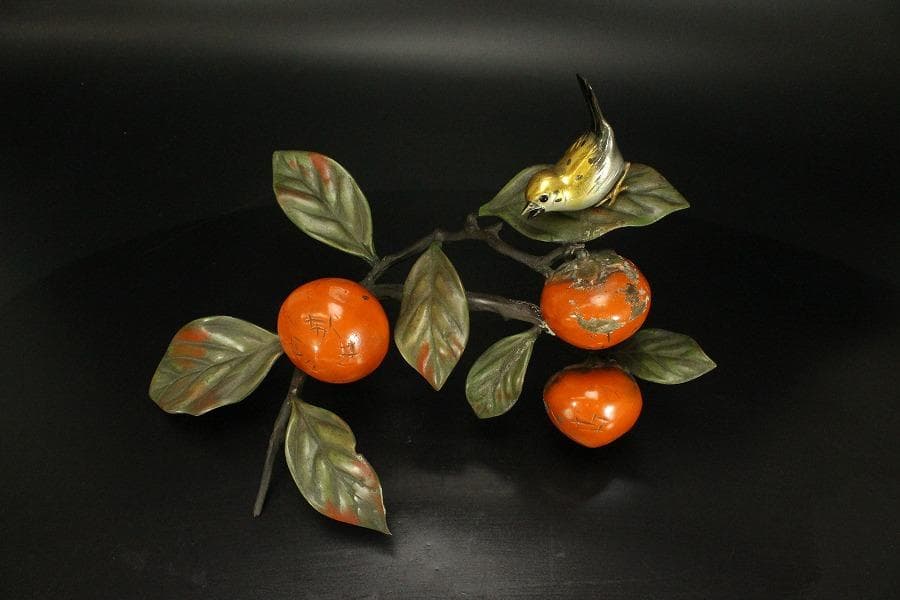 柿 木枝実 野鳥 置物 金属工芸(メ1168)