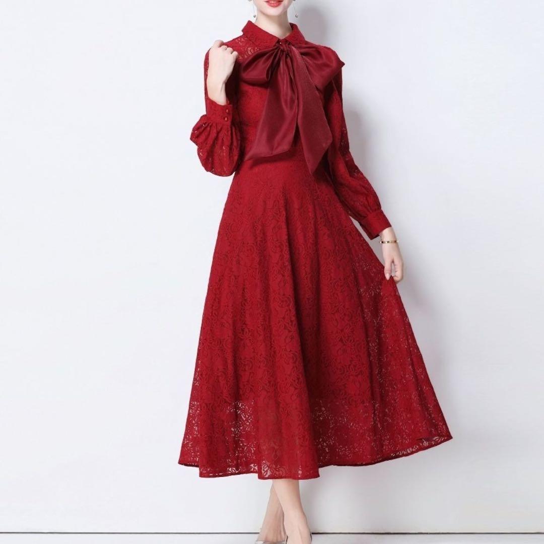 Wild Lily ボウタイリボン付き レッド パールボタン ワンピース ドレス